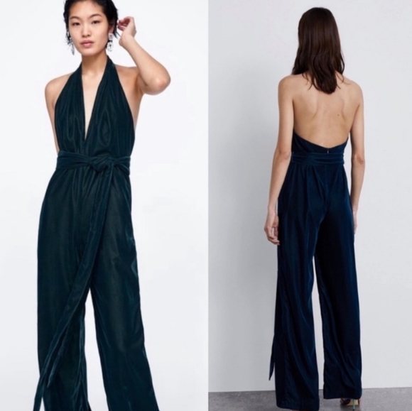 Zara green velvet jumpsuit Clearance